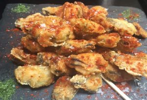 Mejillones en tempura con pimenton